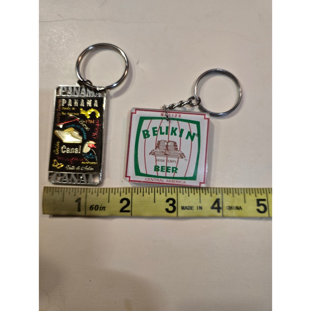 Panama Canal Enamel & Belize Belikin Beer Mayan Temple Souvenir Keychain Set 2pc